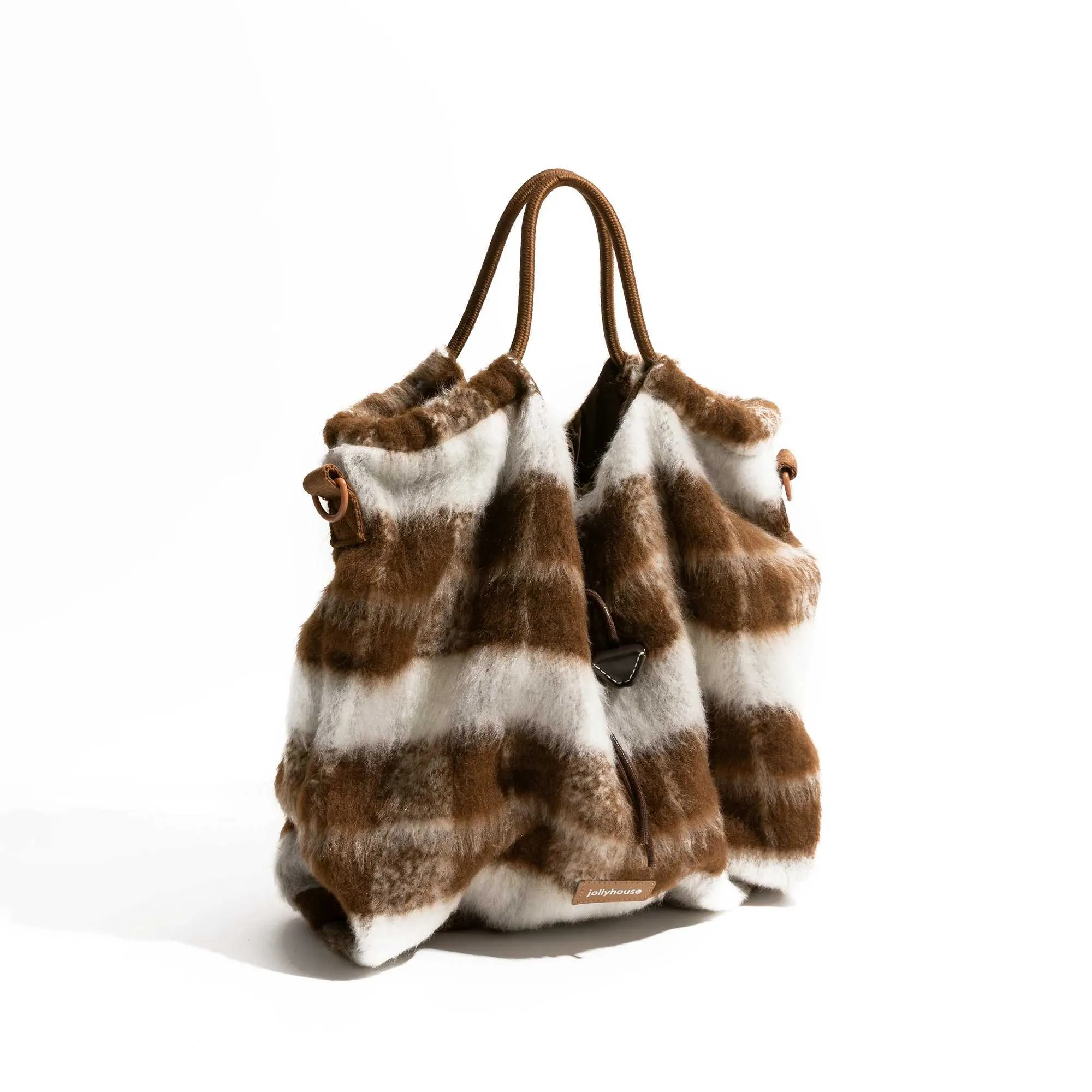 KOKOPEAS Vintage Gestreiften Plaid Flauschigen Quadratischen Handtasche Drstring Design Winter Frauen Stilvolle Schulter_voghion.com