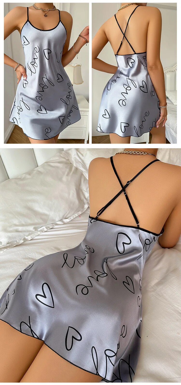 Dames casual grijze pyjama jurk indoor sexy korte rok kleine sling liefdesprint hartvormige pyjama dun gedeelte_voghion.com