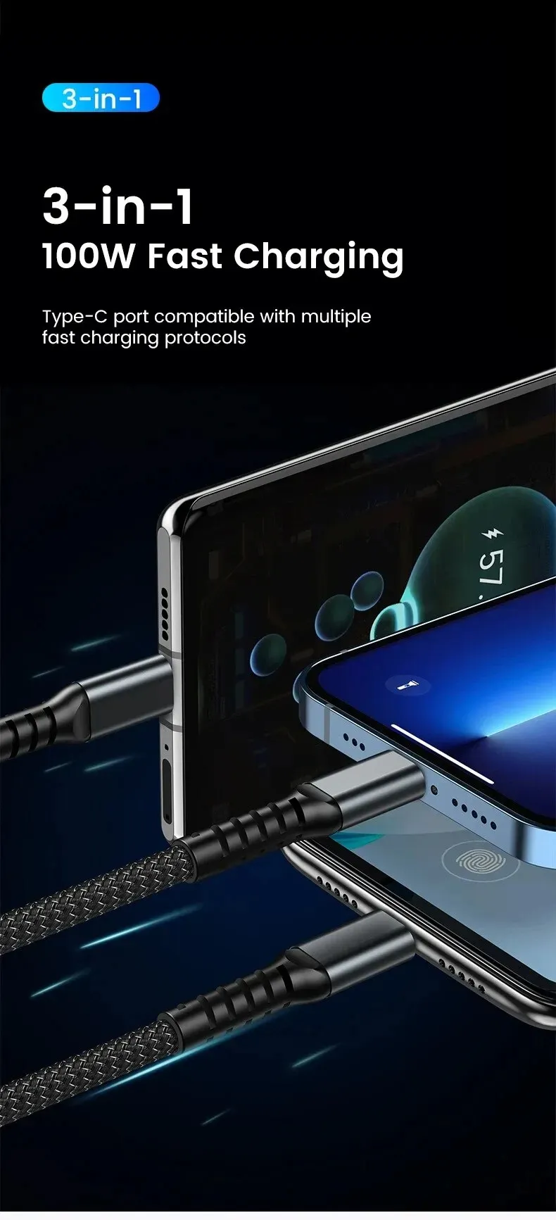 Three In One Micro USB C-type Suitable For Ultra Of Smartphones 100W Digital Display With Light Fast Charging Data Cable_voghion.com