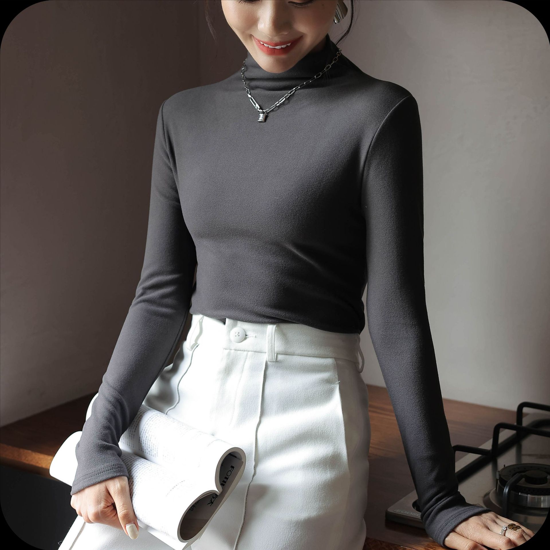 Women’s Clothing Semi-High Neck Thermal Lined Shirt – Slim Fit Long Sleeve Base Layer For Women