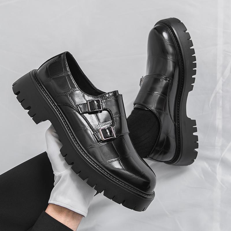 Glide 2025 Autumn New Large Double Needle Buckle Loafers For Men 38-46 Size Patent Leather Glossy Thick Heel Height Increasing