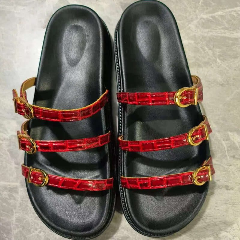 SHLIANG Casual Flache Frauen Strand Hausschuhe Outdoor Dicke Unterseite Weibliche Sommerrutschen Metallschnalle Weiches Leder Walking Damen Römische Schuhe Y0276_voghion.com