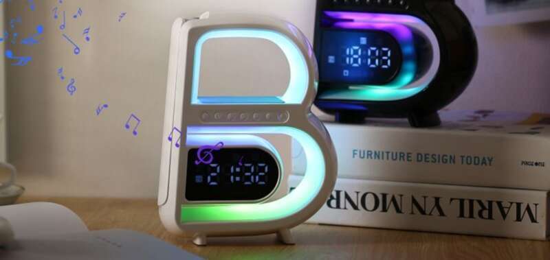 Difuzor Bluetooth inteligent multifuncțional pentru dormitor, lumină de noapte, lampă de masă cu încărcare wireless, ceas, sunet_voghion.com