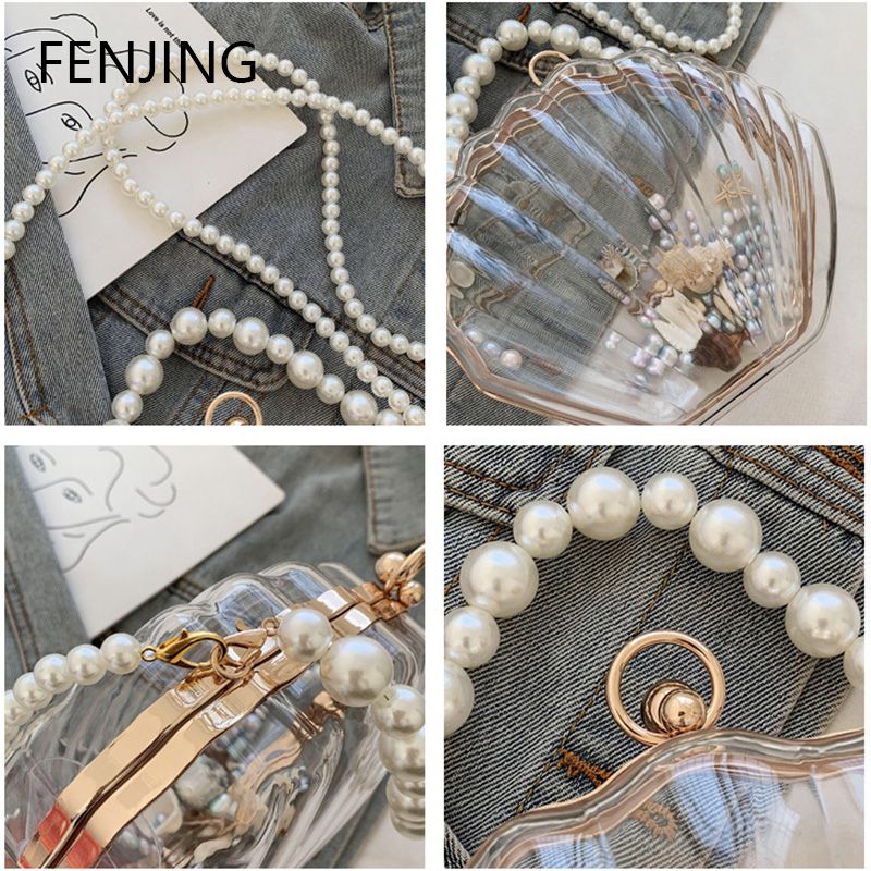 Abendtaschen für Damen 2023 Neue trasparente Muscheltasche Clutch Box Handtaschen Perlenkette Umhängetasche Acryl_voghion.com