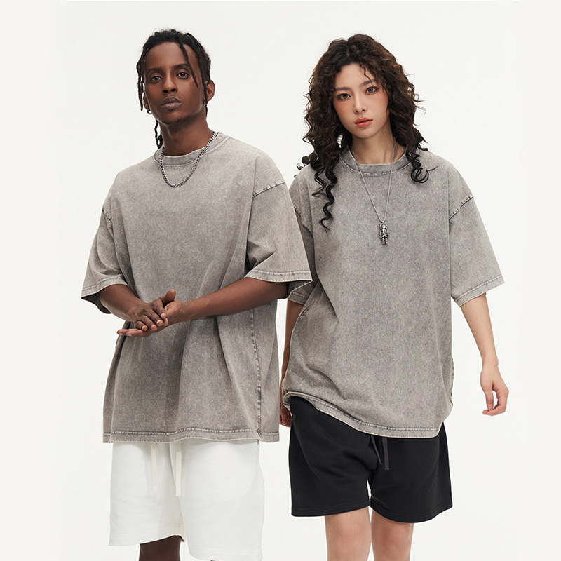T-shirt da uomo 2024 a maniche corte nuova con scollo tondo top alla moda Instagram invecchiato tinto in cera oversize sciolto_voghion.com