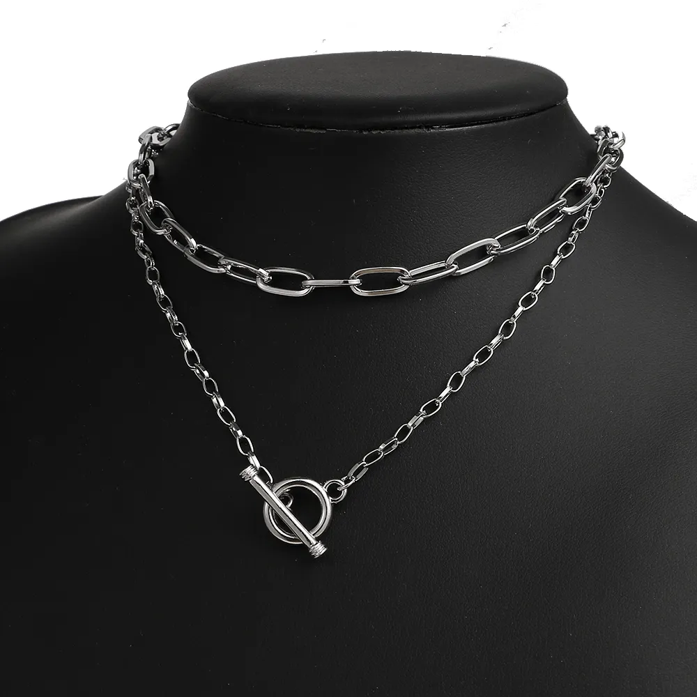 Catene Vintage Catena Spessa OT Fibbia Collana Girocollo Per Le Donne Punk Argento Colore Metallo Geometrico Stratificato Gioielleria di Moda_voghion.com