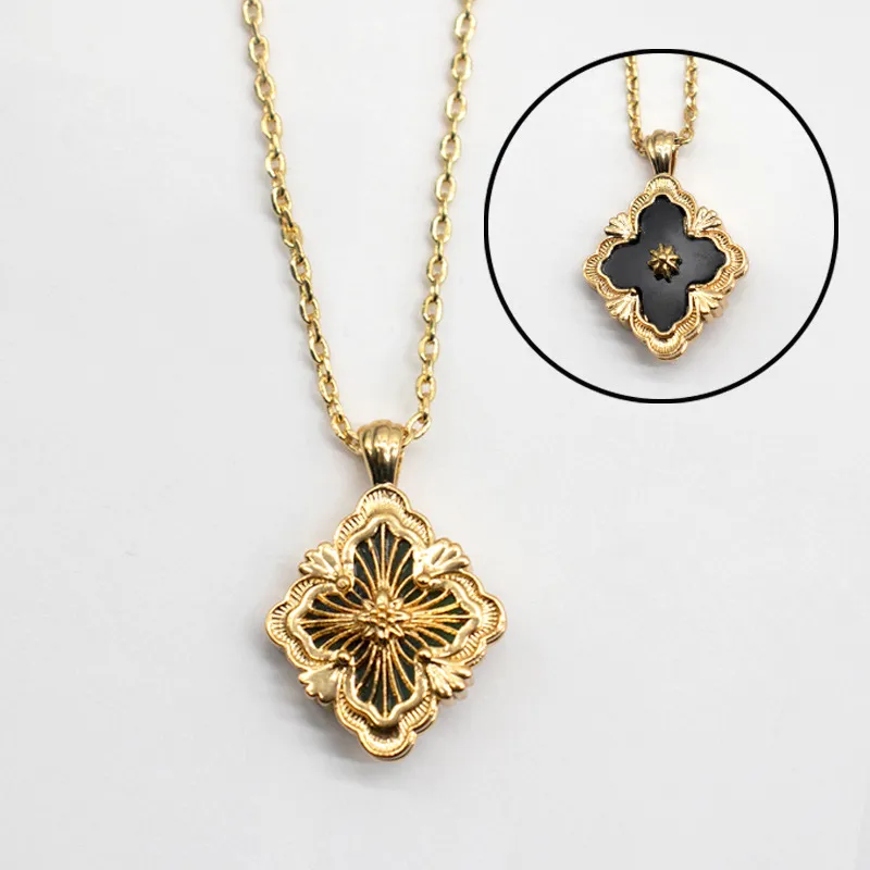 Collane con ciondolo a forma di trifoglio del marchio italiano per le donne, collana girocollo in smalto dorato vintage retrò, a doppio lato, per feste_voghion.com