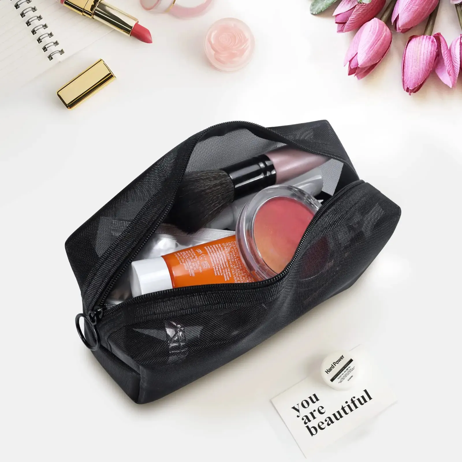 Sacs à cosmétiques transparents en maille 3 tailles, petit et grand sac de maquillage noir, organisateur de toilette de voyage Portable, rangement de rouge à lèvres_voghion.com