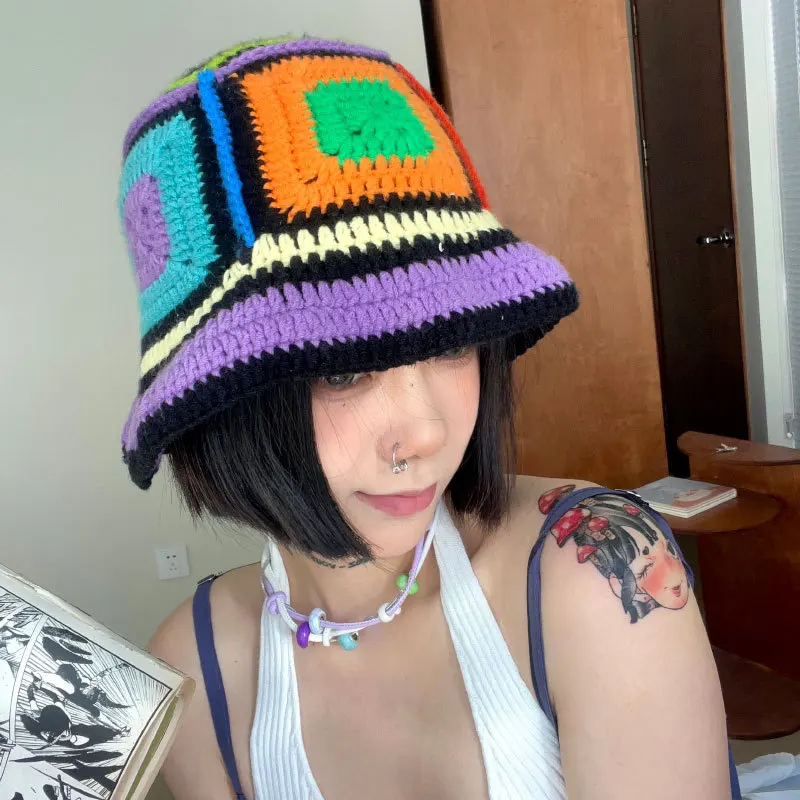 Hot Sale 2024 Colorful New Women Girl Handmade Crochet Bucket Hats Y2k Fashion Summer Beach Korean Hollow Knitted Hat