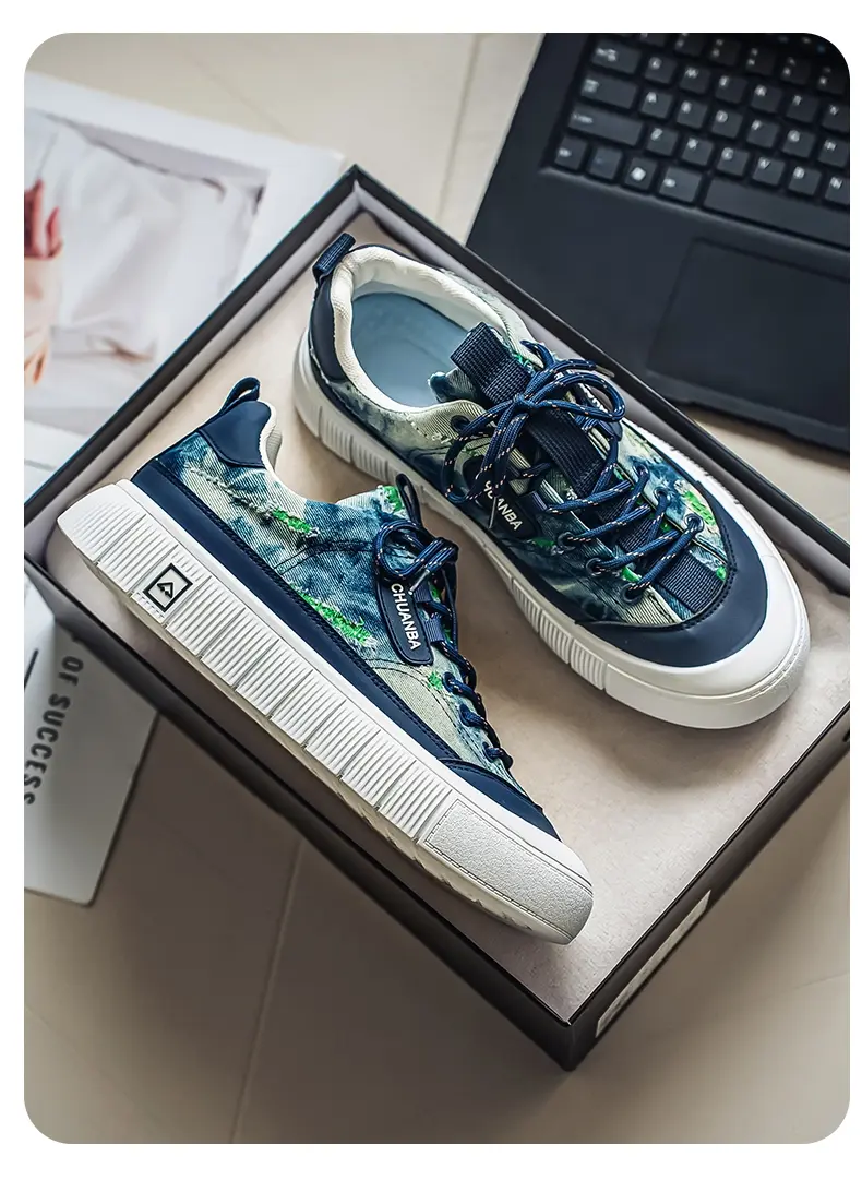 Washed Denim Board Shoes With Camouflage Print For Men_voghion.com