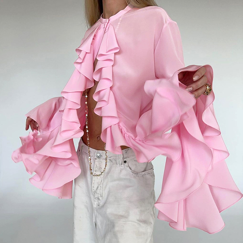 Elegantes, gerüschtes Langarmshirt für Damen, Herbst/Winter 2026, neue, hochwertige Strickjacke (europäischer und amerikanischer Stil)._voghion.com