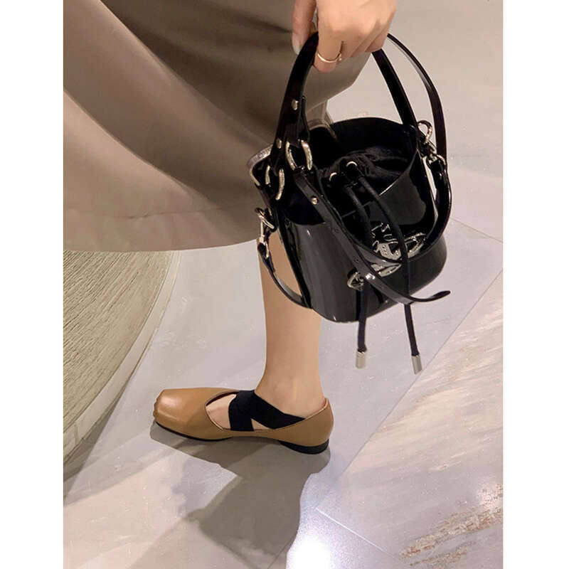 Women's Ballet Leather Square Toe French Shallow Cross Strap Soft Sole Mary Jane Shoes_voghion.com