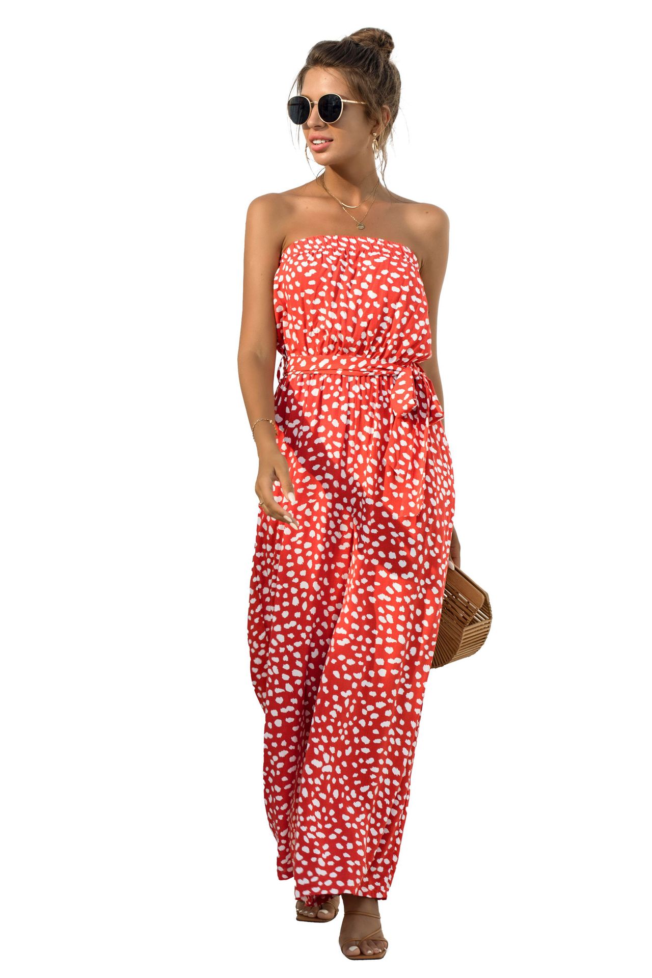 Nuevos productos de verano para mujer, nuevo mono de pierna ancha con cordones y estampado de lunares en forma de corazón y top de tubo sexy_voghion.com