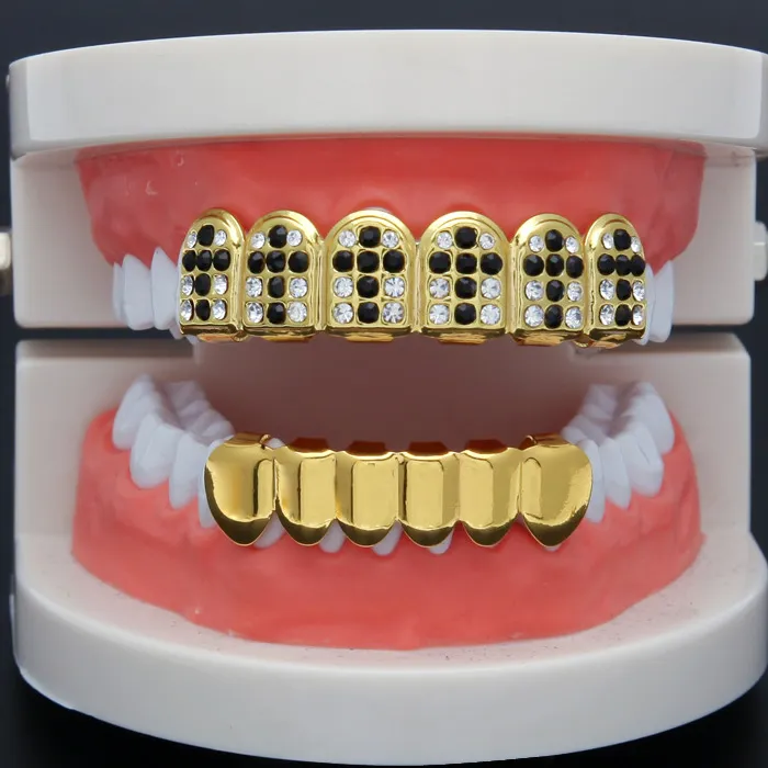 Party Cosplay Hiphop Zubehör CZ Kristall Bio Kupfer Gold Zähne Grillz Kappen oben und unten mit rot schwarz Kreuz Charme_voghion.com