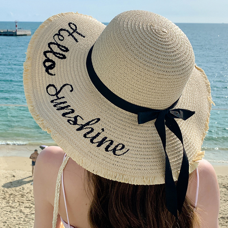 Unisex Summer large embroidered sunblock straw hat women's fashion simple letter bow streamer sun hat sweet sun hat_voghion.com