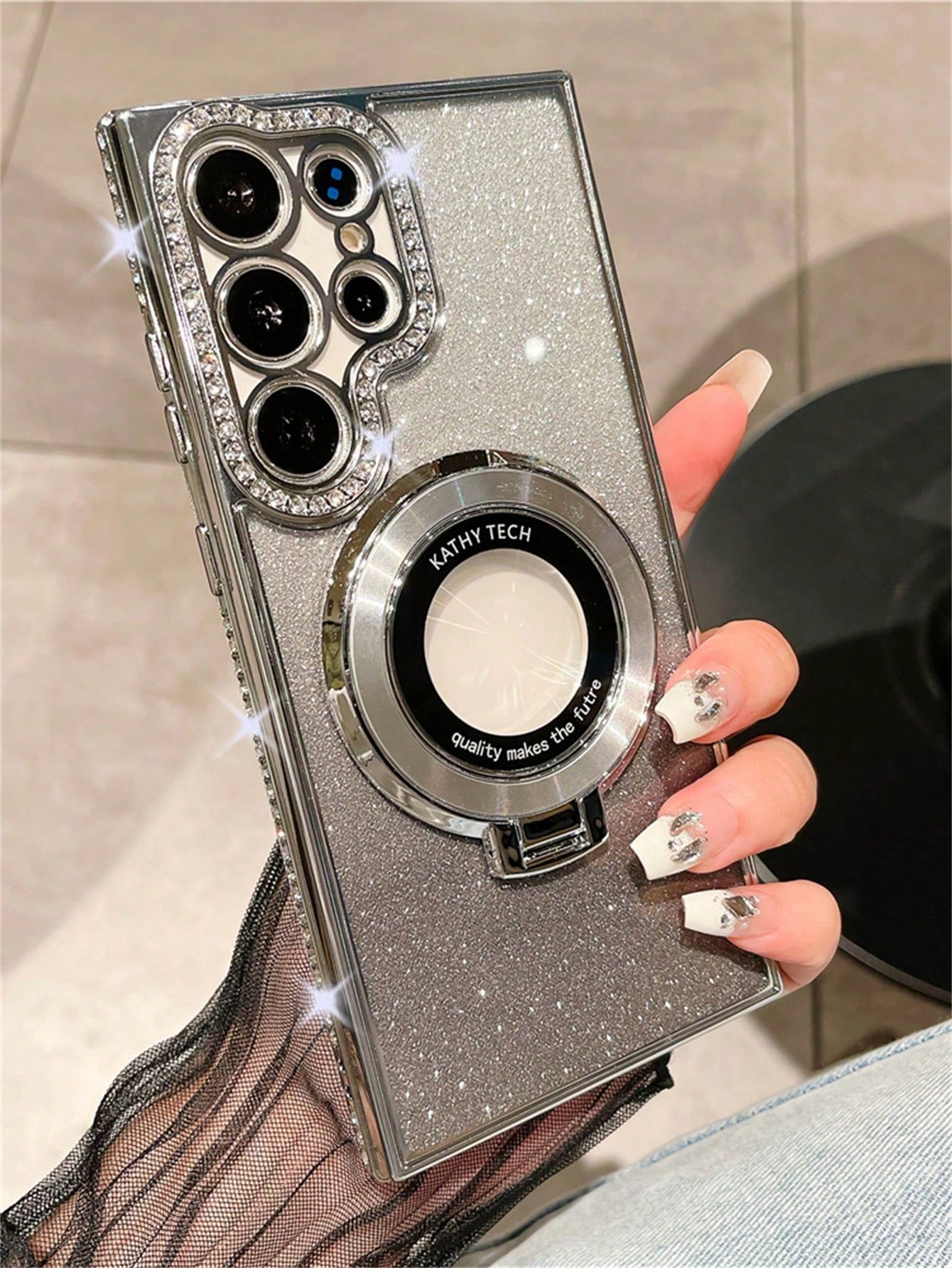 1pc Luxury Plating Gradient Glitter Diamond Stand Holder Phone Case For SamsungS24 S25 Ultra S23 Ultra S22 Ultra S23 Protective Shockproof Cover_voghion.com