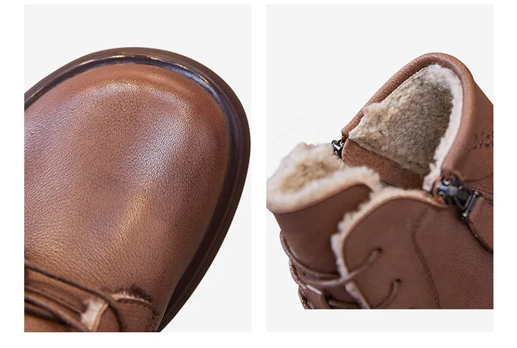 Genuine Leather Round Toe Motorcycle Plush Insulation and Thick Soled Short Boots with British Style Versatility_voghion.com
