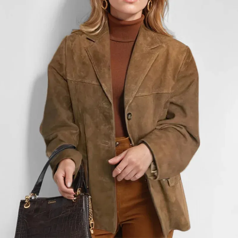 Veste en cuir suédé marron vintage pour femme, mode automne, simple boutonnage, revers, ample, pour le bureau_voghion.com