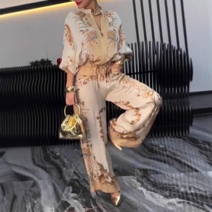 Women’s 3D Printed Flower Pattern Fashion Set Zipper Drawstring Top & Pants European American Style Two-Piece Ensemble Spring/Autumn