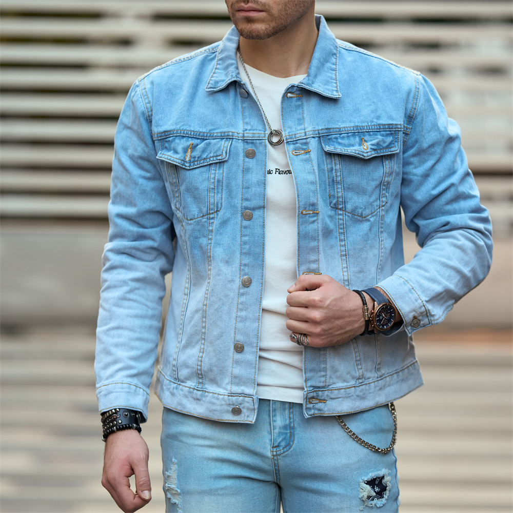 Jachetă casual din denim, top bărbătesc nou, lejer și de toamnă, ținută de primăvară, tendință din denim cu guler pătrat_voghion.com
