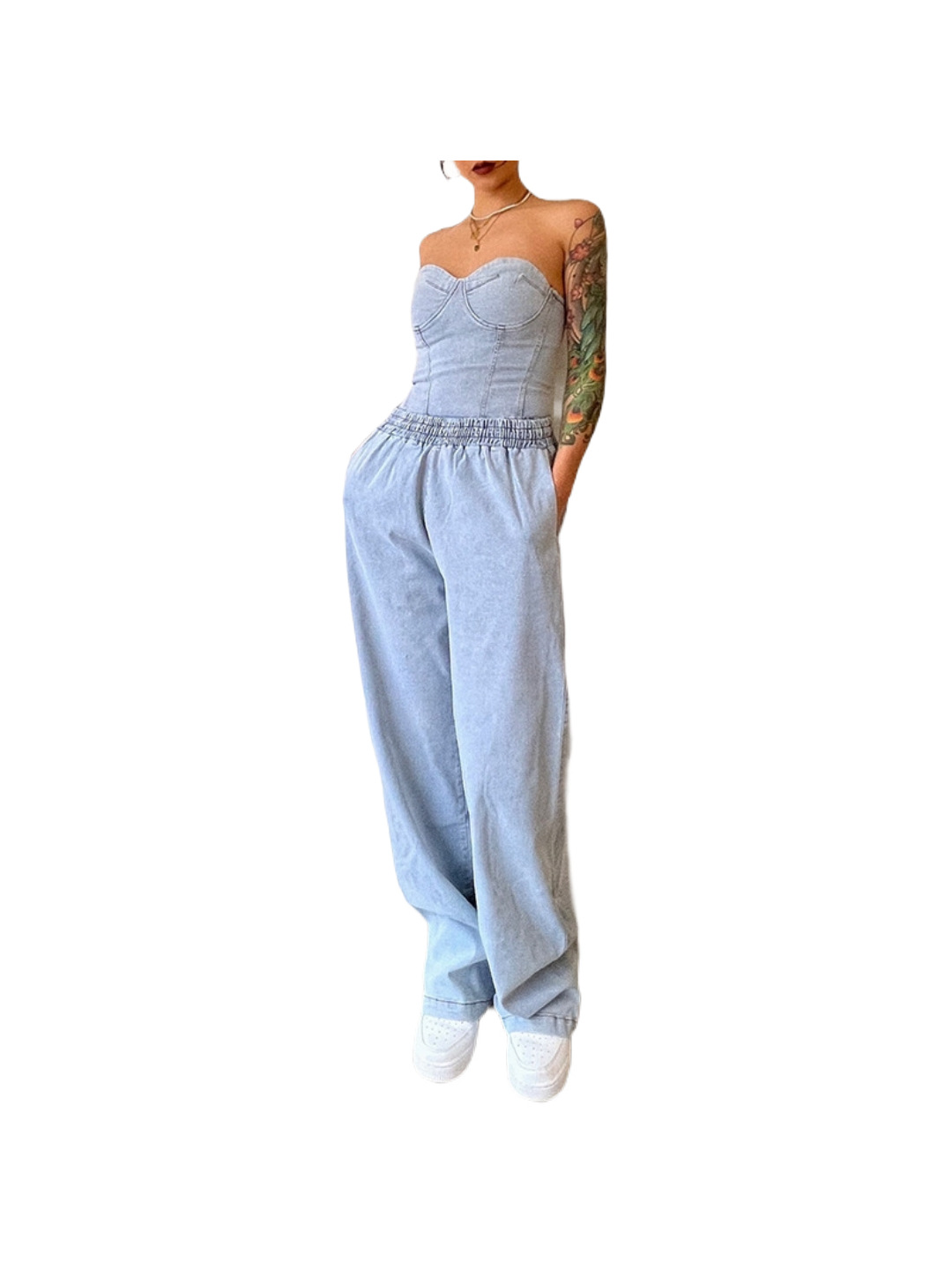 Abbigliamento da donna alla moda, senza maniche, casual, elasticizzato, in denim, due pezzi_voghion.com