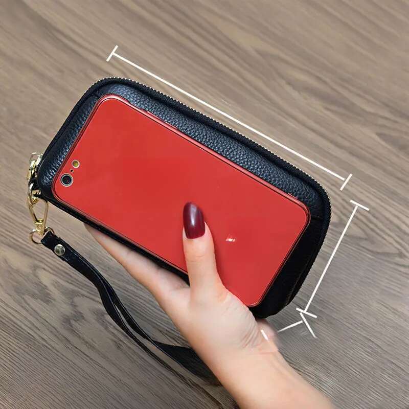 Large Capacity Cell Phone Bag Zipper Women's Cowhide Long Handbags_voghion.com
