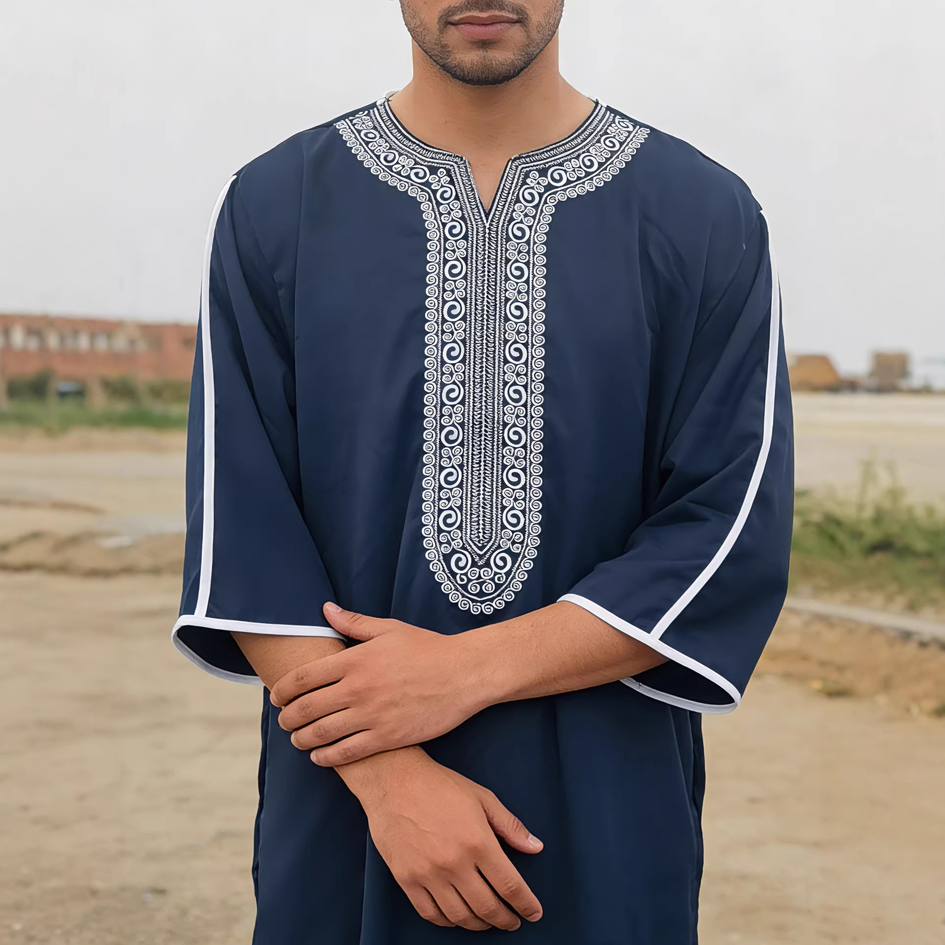 ​​Men’s Ramadan Thobe With Embroidery – Premium Polyester-Spandex Islamic Robe (S-Xxl, Navy Blue) – Gandoura Style Modest Wear​​