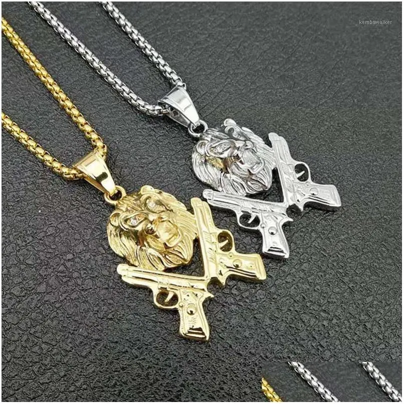 Collane con ciondolo in acciaio inossidabile Hip Hop Collana Leone e pistola Ciondoli Colore oro Argento 24 pollici Catena a corda Scatola Sn1661_voghion.com
