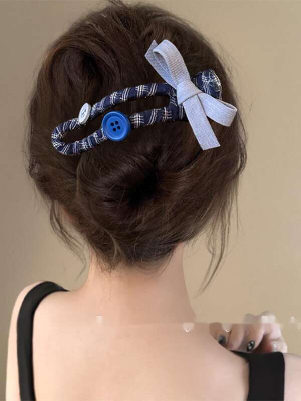 Hai Tian Blue~Blue Button Straight Clip Women's 2025 New High-end Back Of The Head Disc Hair Travel Hairpin_voghion.com