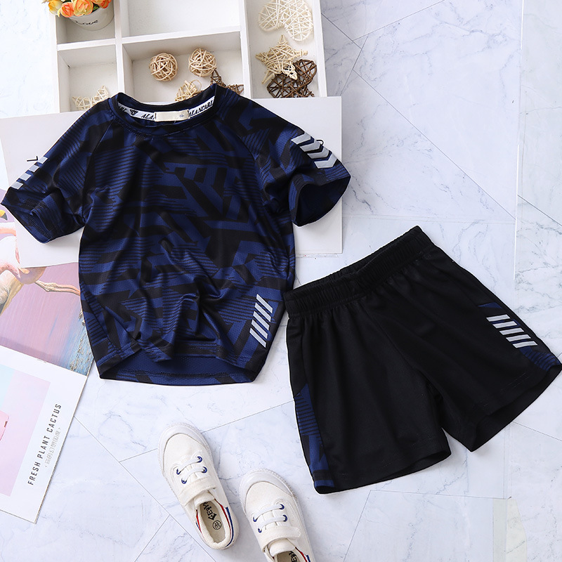 Ensemble de vêtements pour enfants, motif géométrique moyen et grand, 2025, t-shirt à manches courtes, ensemble deux pièces tendance pour garçons_voghion.com