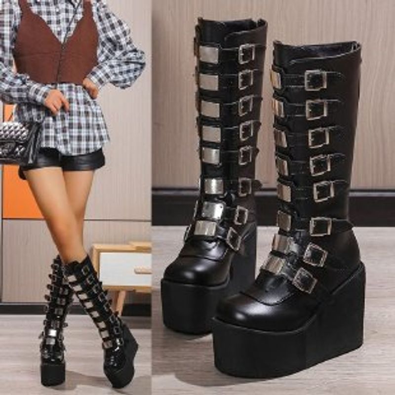 Demonia Buckle Thick Sole 2023 New Gothic Slope Heel High Barrel Women's Punk Style Spicy Girl Knight Boots_voghion.com