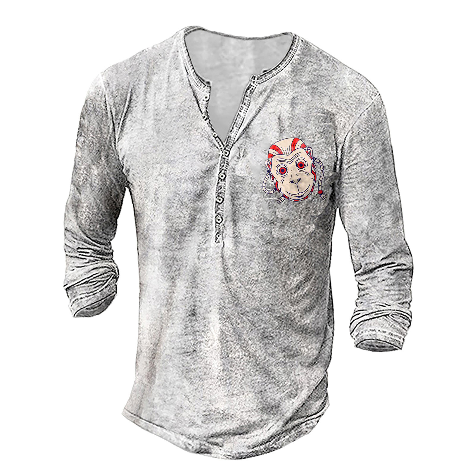 Men's Autumn and Winter Monkey Head Printed Loose Oversized Casual Long Sleeved Collarless Men's T-shirt_voghion.com