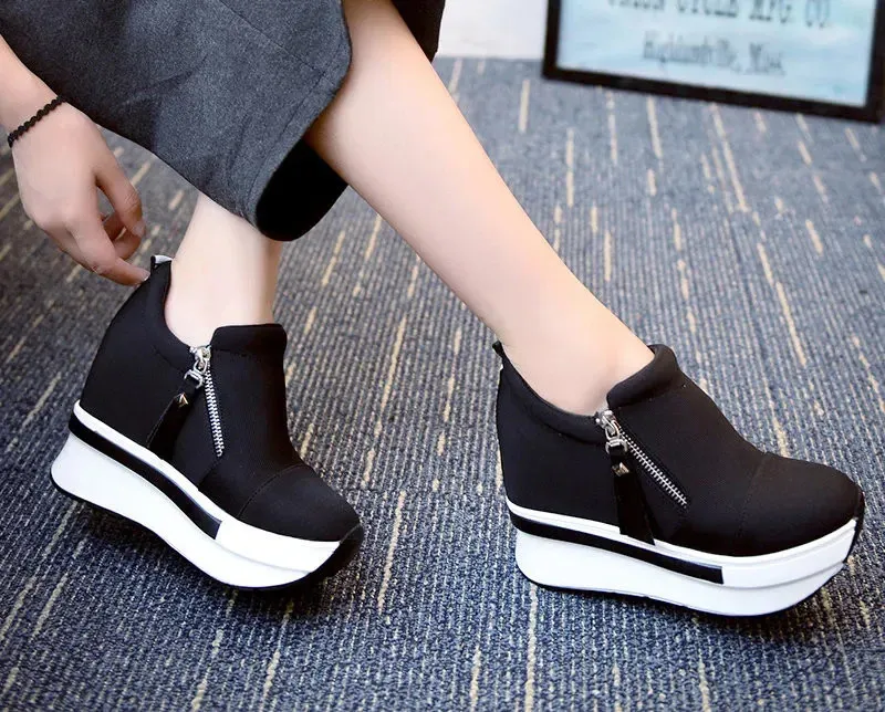 Pantofi sport dama cu platformă, roșii, casual, confortabili, din pânză neagră, cu toc înalt, Tenis Atos Mujer 241122_voghion.com