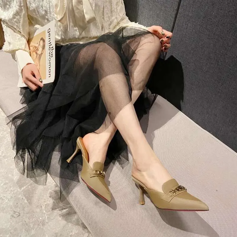 Sapatos de salto alto fino com lantejoulas e strass, bico fino, para áreas externas, para o verão, chinelos elegantes e mules para mulheres_voghion.com