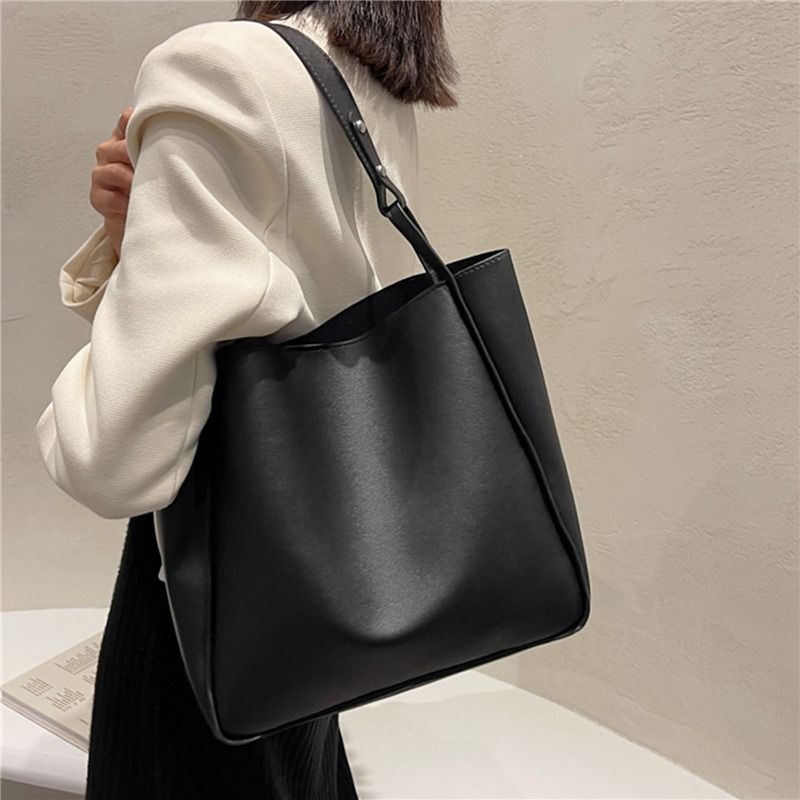 Einfache Damen Eimer Schultertaschen Neue Einfarbige Handtaschen Retro Tragetaschen Große Kapazität Pu Leder Taschen_voghion.com