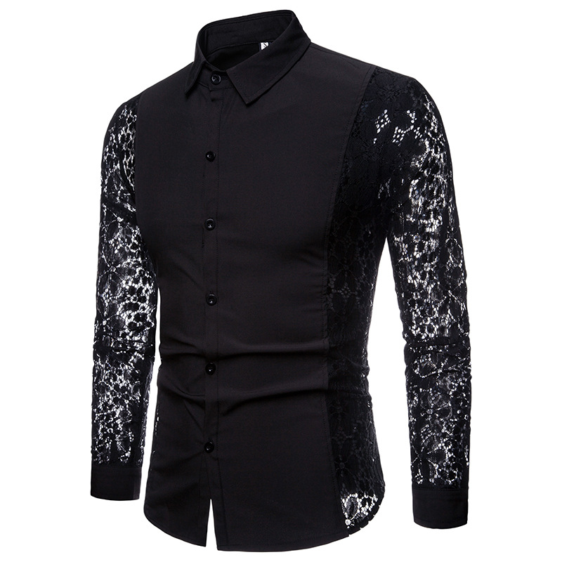 2024 foreign trade spring and autumn style arm full lace splicing casual shirt solid color fashion men’s long-sleeved lapel shirt