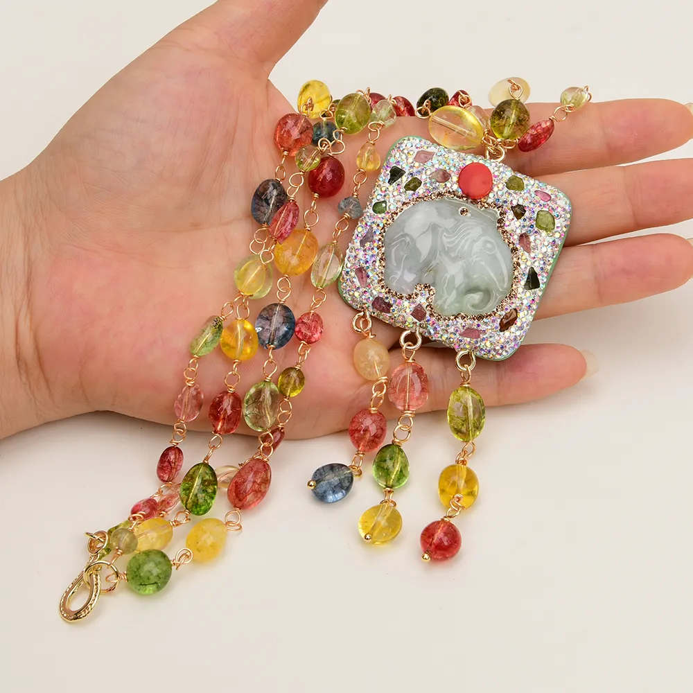Pendant Necklaces GG Jewelry 2 Rows Mix Color Natural Crystal Smooth Net Stone Necklace Jadeite Carved Elephant_voghion.com