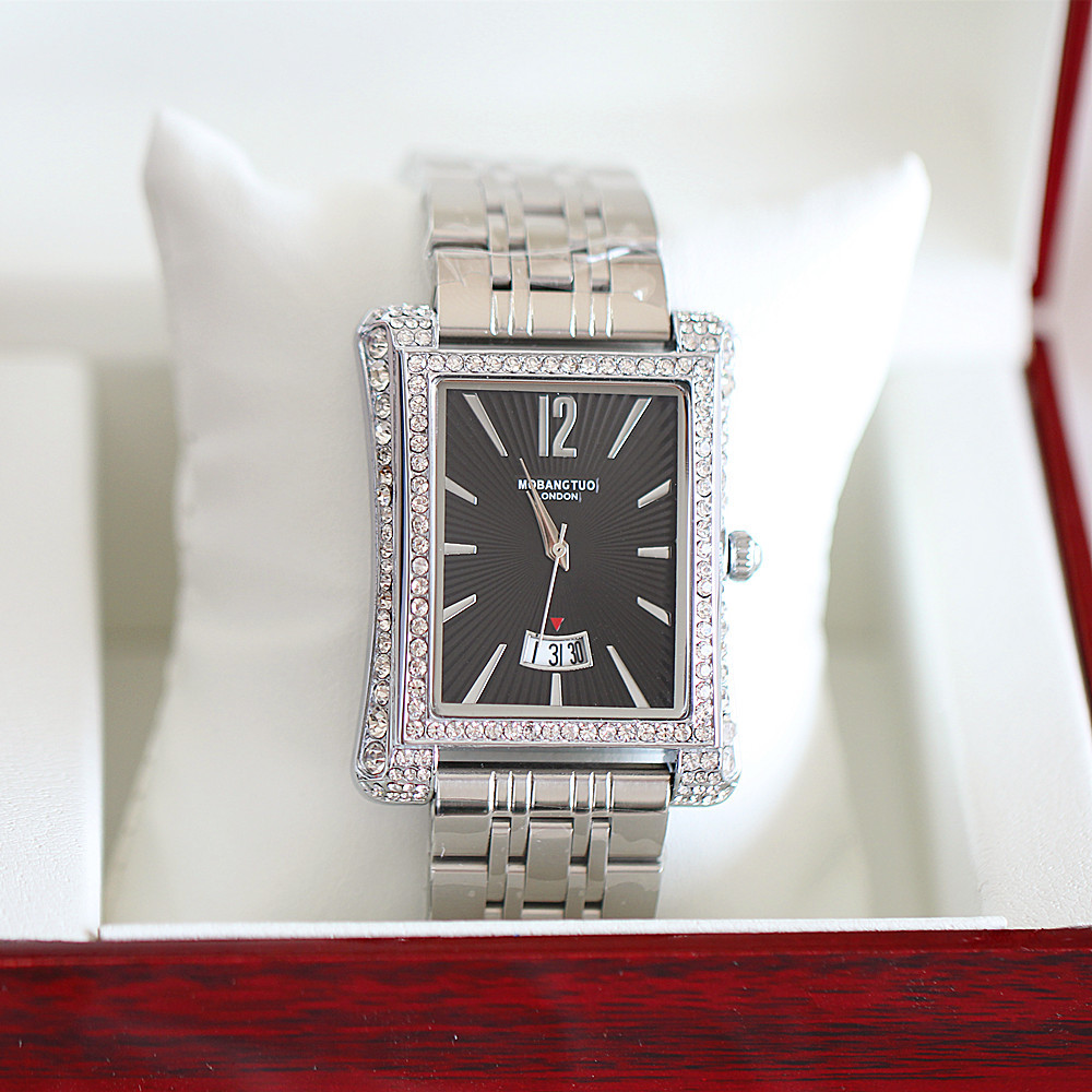 Orologio da donna per coppia, nuovo, alla moda, quadrante quadrato, calendario, cinturino in acciaio di precisione con inserto in diamanti, impermeabile e_voghion.com