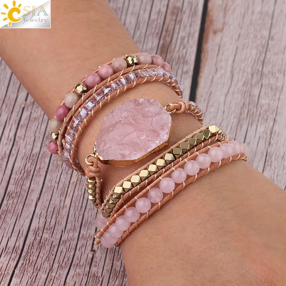 Charm CSJA Naturstensarmband Rosa Kvarts Läderarmband för Kvinnor Rosenstenar Kristallpärlor Bohemiska Smycken 5_voghion.com