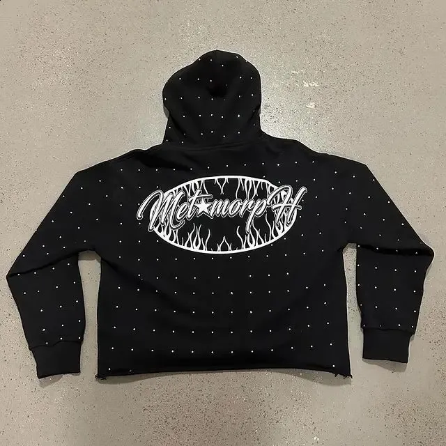 Felpe con cappuccio con strass da donna, felpe oversize nere gotiche, giacca con cappuccio Haruku retrò da donna, abbigliamento da strada Y2K_voghion.com