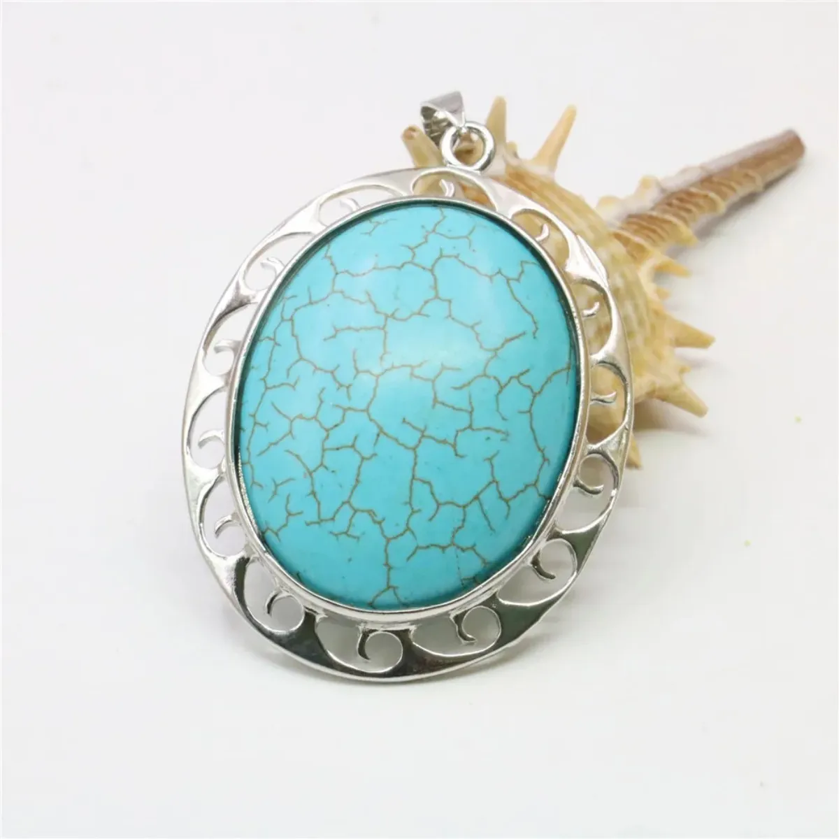 Colliers pendentifs ovales bleu dinde turquoise 42X50mm alliage bordure en métal pierre naturelle femmes filles cadeaux accessoires_voghion.com