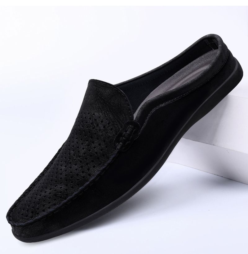Sommer Slipper Halbschuhe für Herren Leder Slipper Casual Pantoletten Atmungsaktiv Bequeme Halbschuhe Mokassins Gelb Schwarz Beige_voghion.com