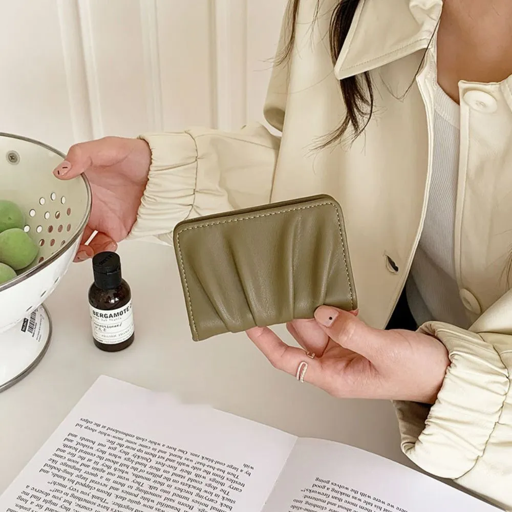 New Wrinkled Bag Anti Thief Solid Color Card Case Ultrathin PU Leather Short Purse Woman_voghion.com