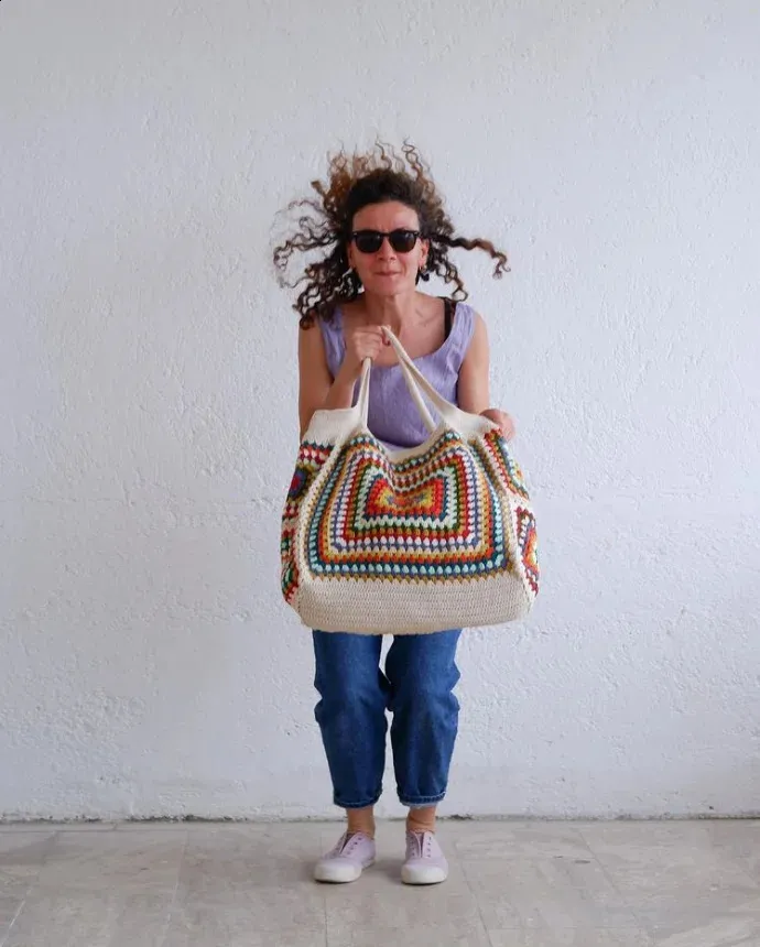 Crochet Tote Bag Shoulder Bag Boho Chic Granny Square Striped_voghion.com