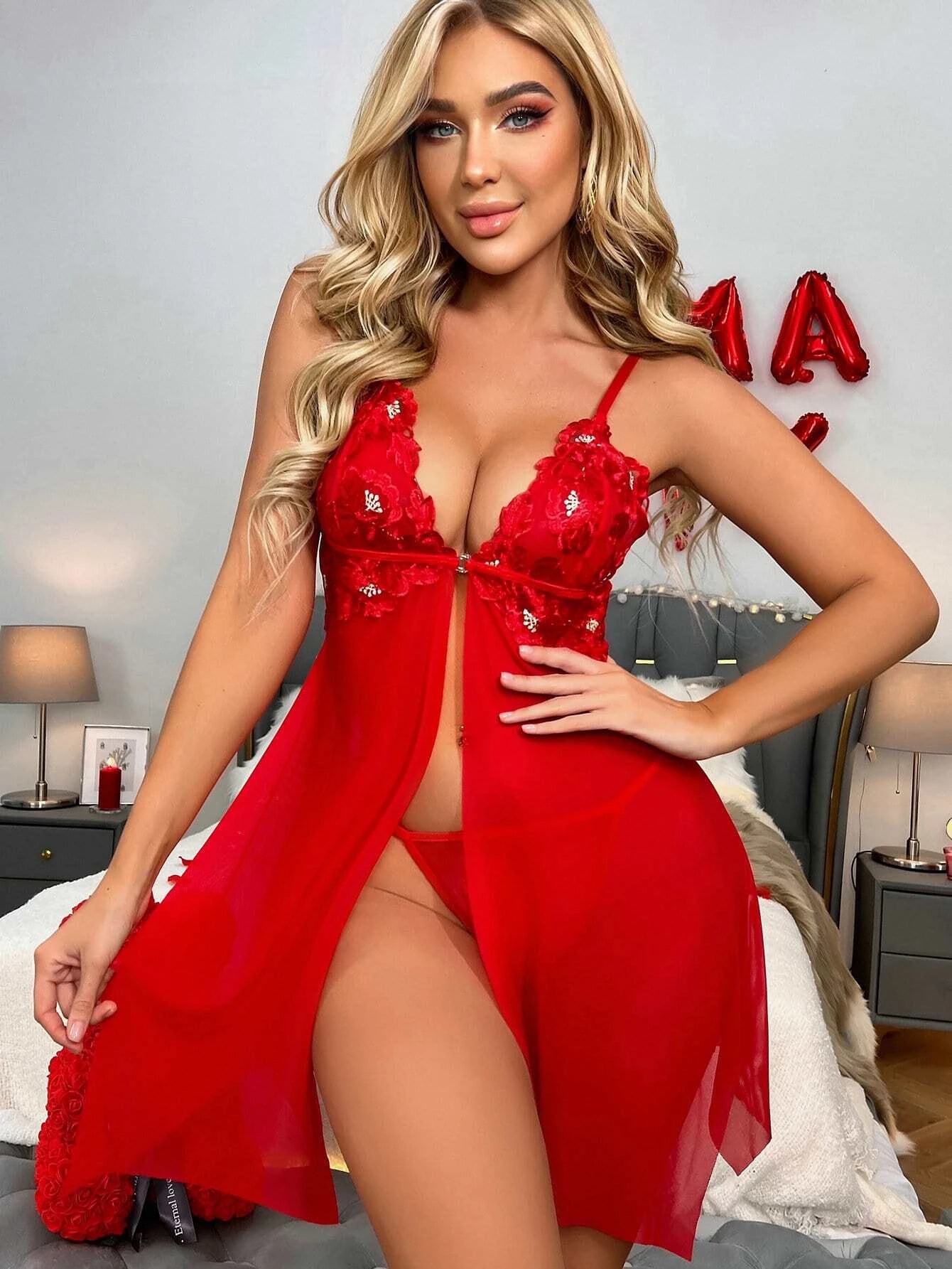 Women's clothing sexy red mesh suspender nightgown sexy suit