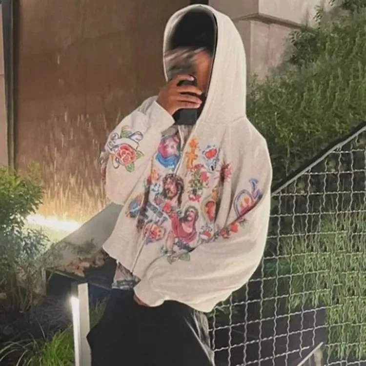 Vintage Risen King Graphic Print Oversized Zip-Up Hoodie Men Y2K Autumn Long Sleeves Casual Sweatshirt Streetwear Women_voghion.com