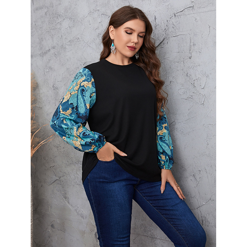 Women's temperament commuting color matching plant lantern sleeve round neck large size shirt_voghion.com