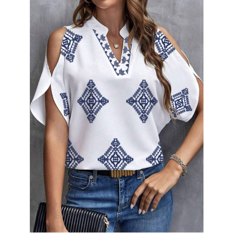 Cross Border Women's Clothing SheInTemu Popular Casual And Comfortable Short Sleeved Shirt Casual Versatile Fashion Casual V Neck Print