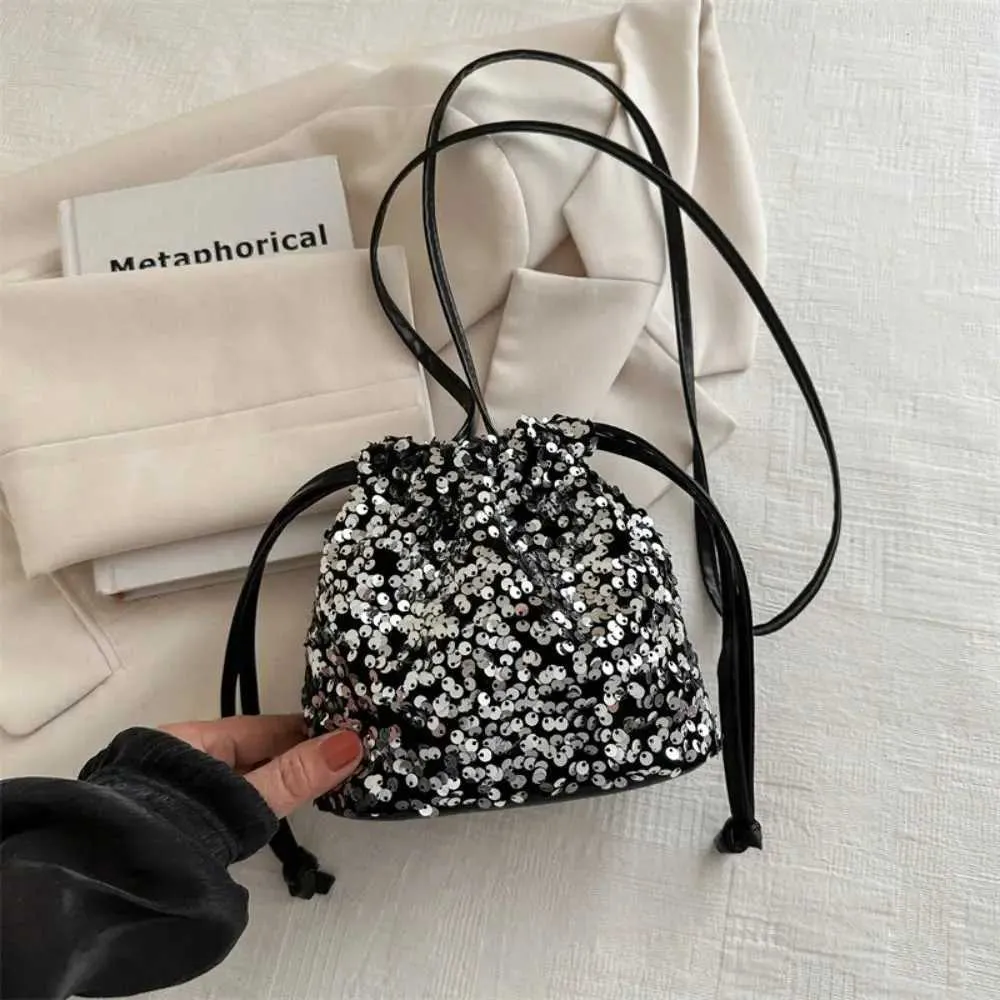 Borsa a tracolla con paillettes versatile alla moda, semplice e alla moda, piccola borsa a mano con coulisse, borsa a secchiello da festa_voghion.com