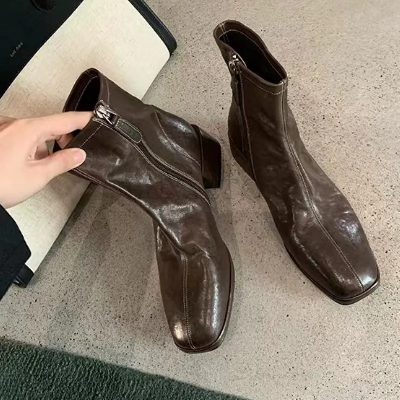 Genuine Leather Heels Thick Soles Square Toe Women Short Zippered Design Casual Fashion Versatile Slim Boots 4.5CM_voghion.com